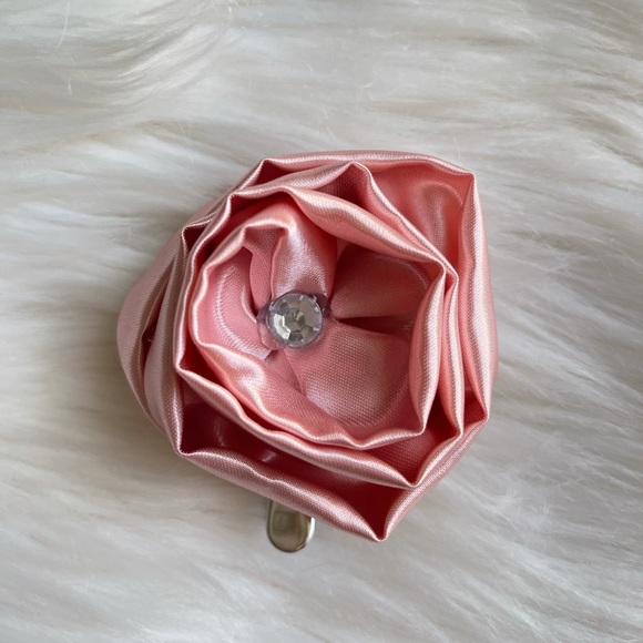 Pink Satin Flower Hair Clip With Rhinestone, Satin Flowers, Hair Clips - Picture 4 of 8